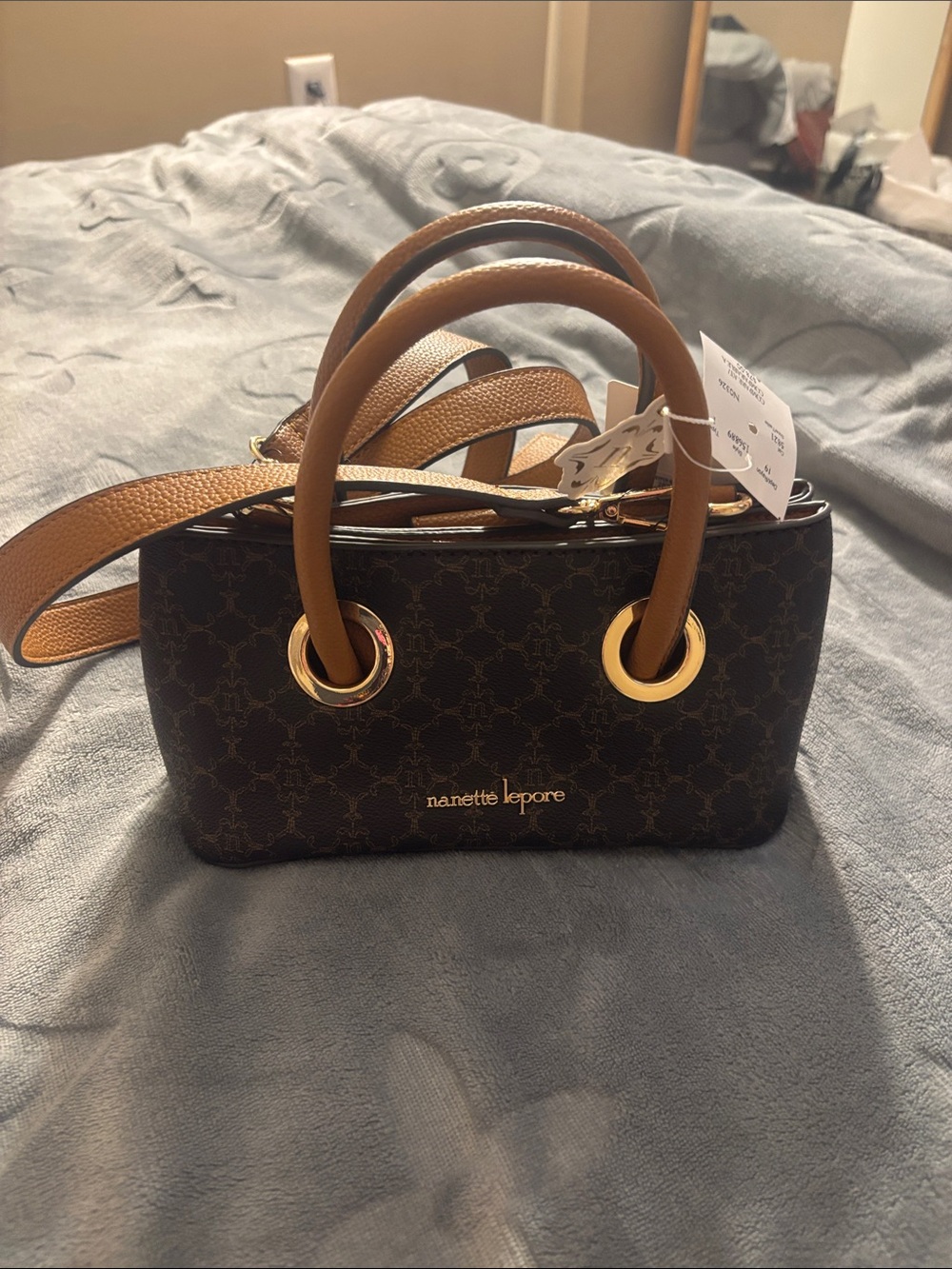 Nanette Lepore Brown Monogram Satchel with Tan Handles